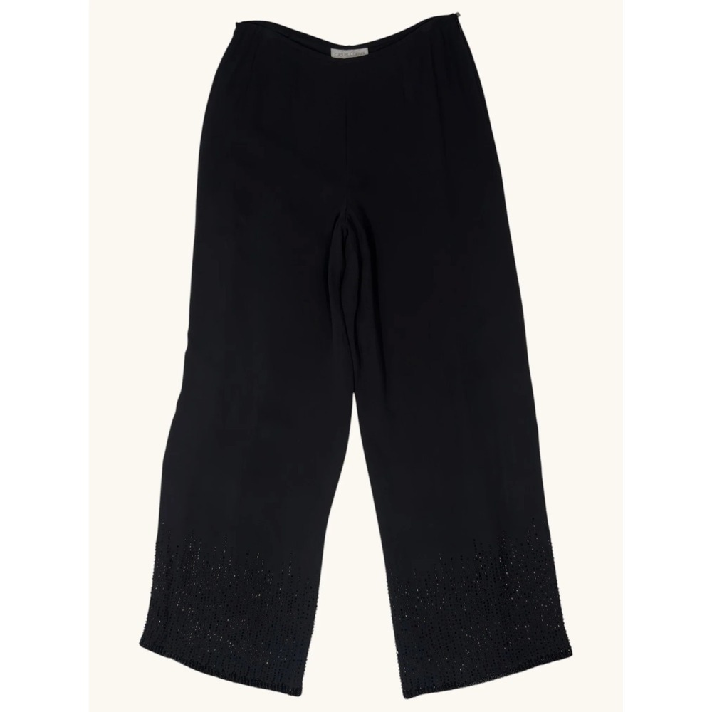 Casual Corner Black Silk Beaded Hem Wide Leg Dress Pants Size 12 Side Zip